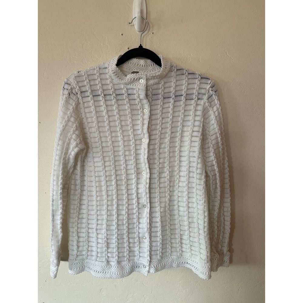 Vintage Montgomery Ward White Cable Knit Cardigan Sweater Japan Scallop Neck 42